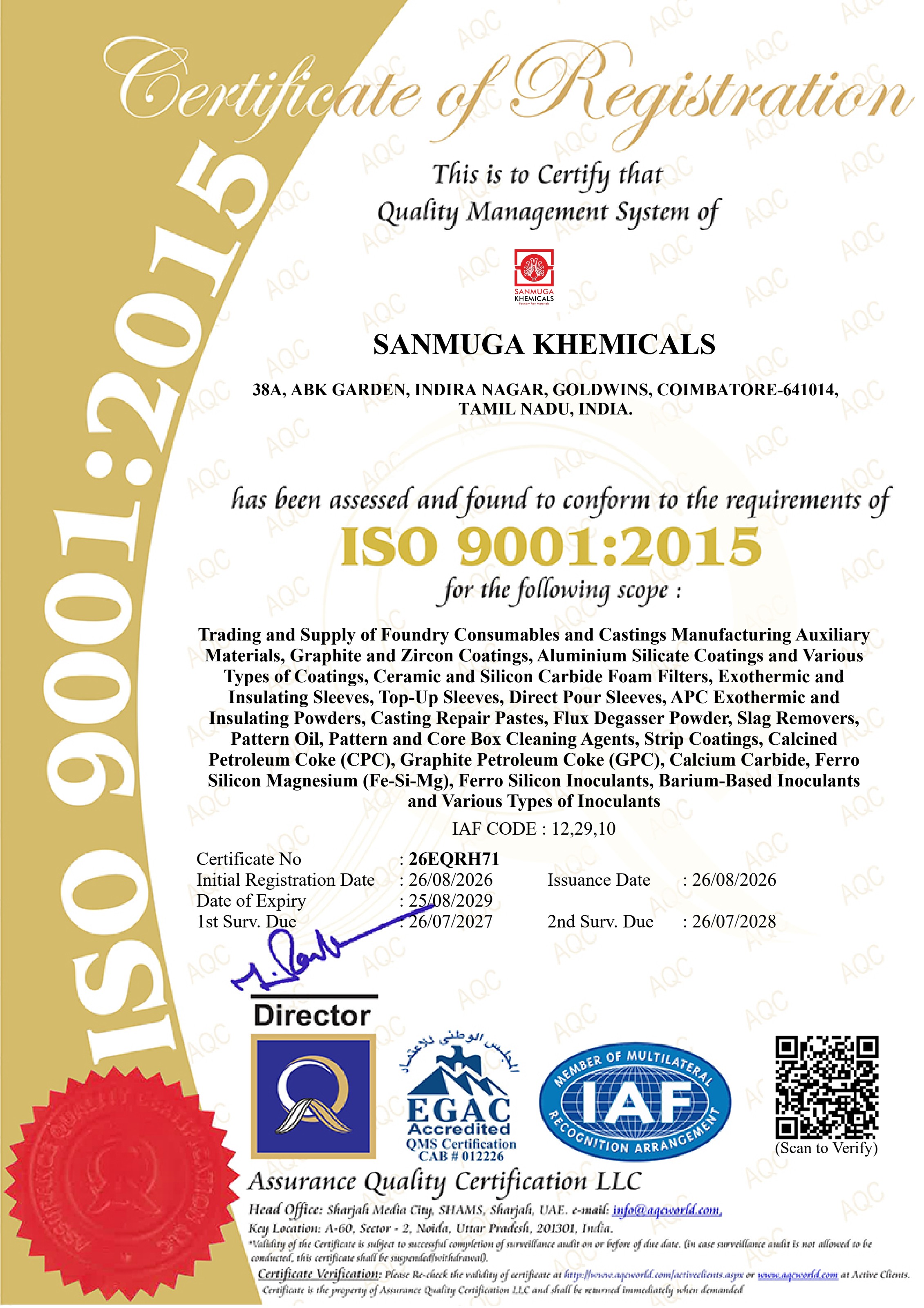 Sanmuga Khemicals ISO 9001:2015 certificate number 26EQRH71