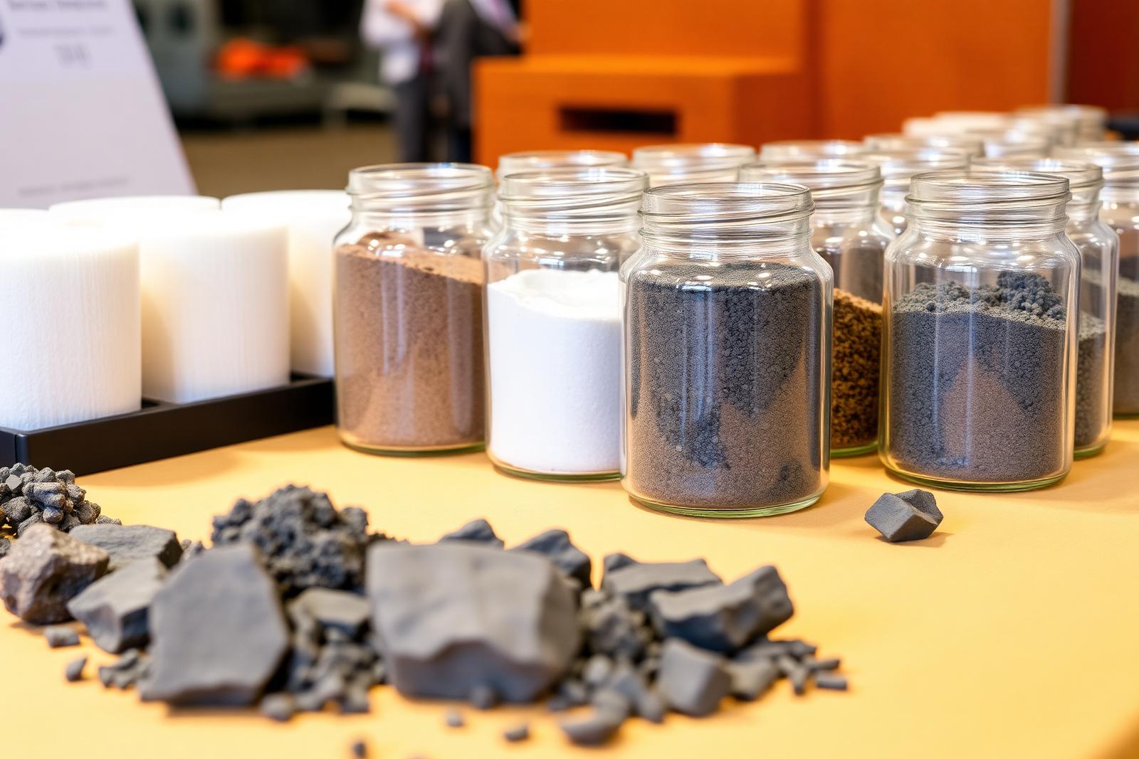 Foundry consumable material samples displayed at an industry exhibition stand