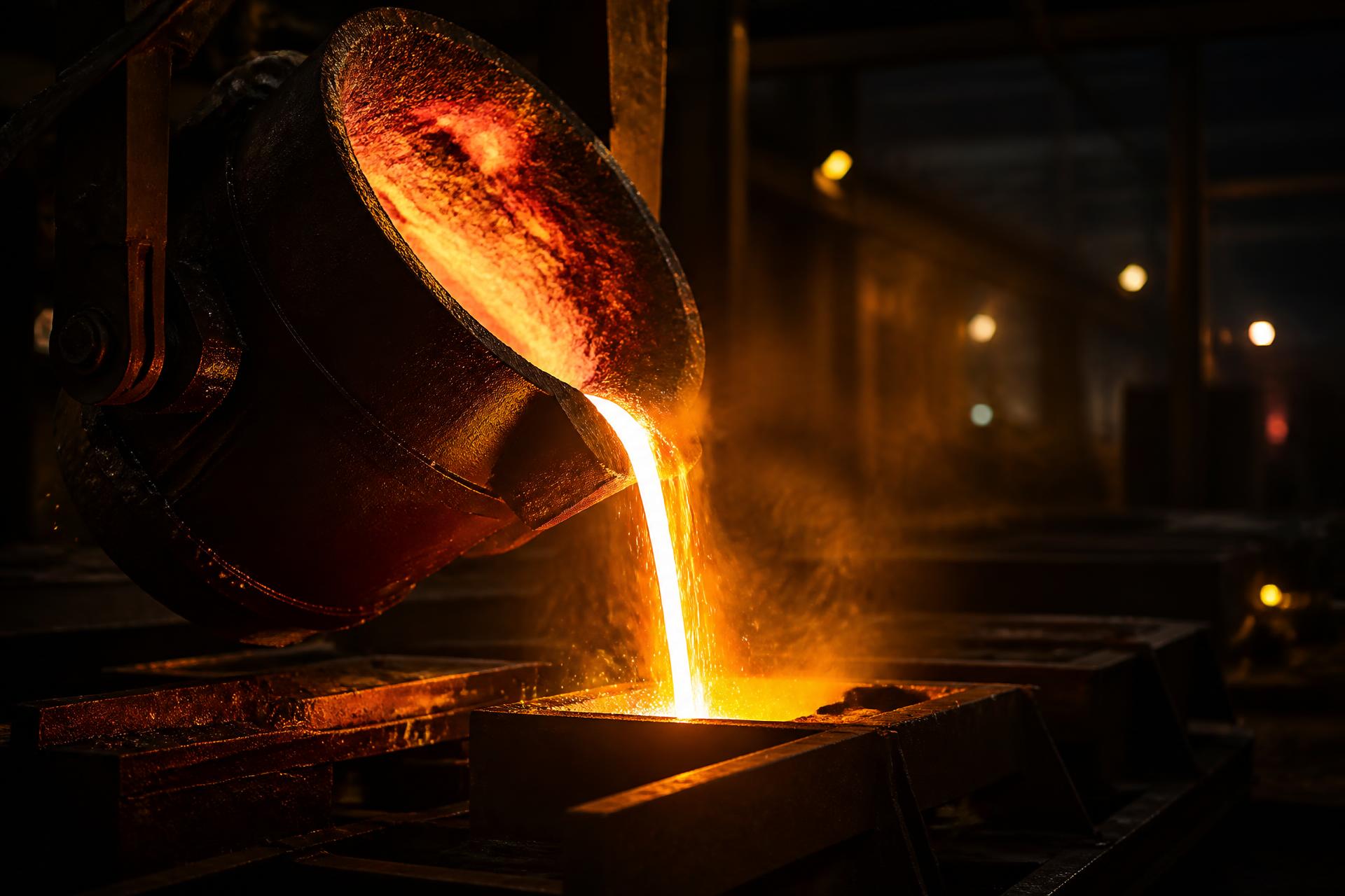 Molten metal being poured into a mould on a foundry floor